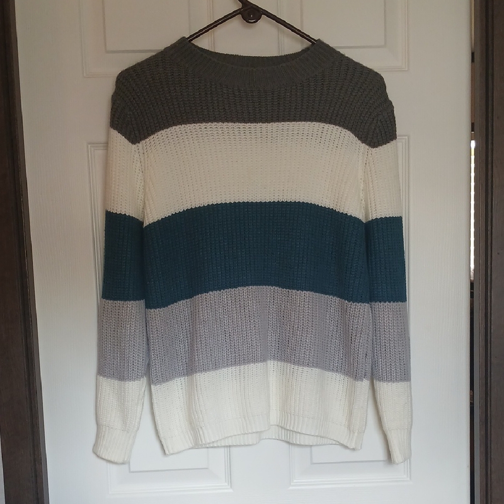 Striped Gray, Cream, and Teal Blue Women's Sweater